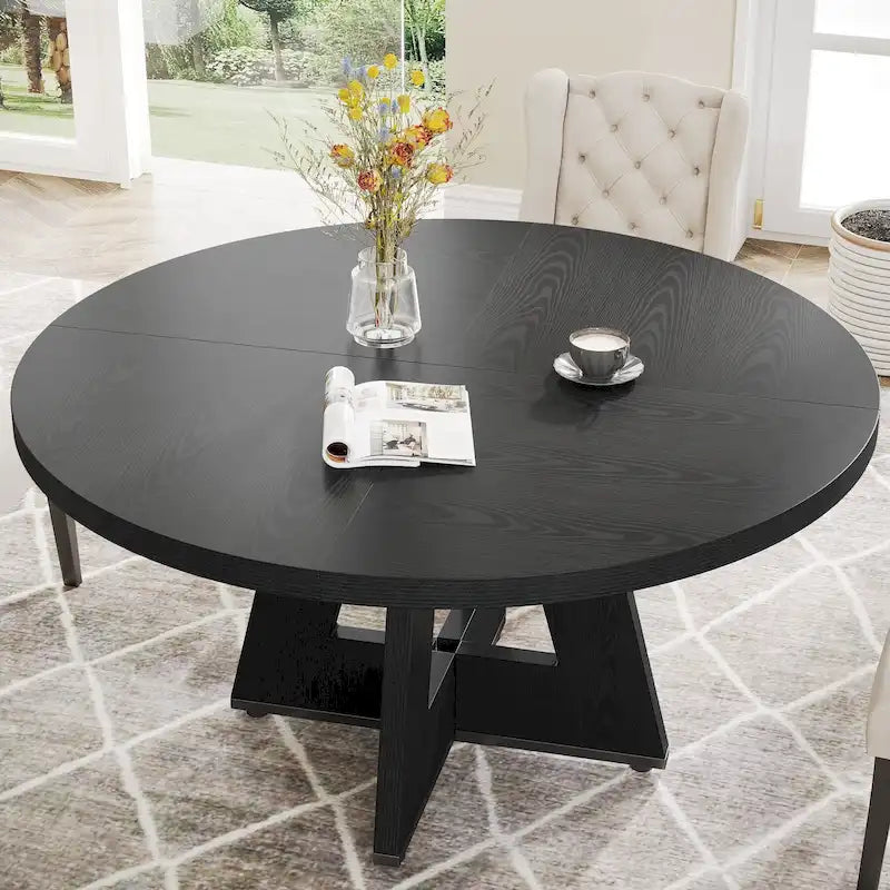 47 Inch Round Dining Table for 4 People, Wood Engineered Pedestal Kitchen Dining Room Table