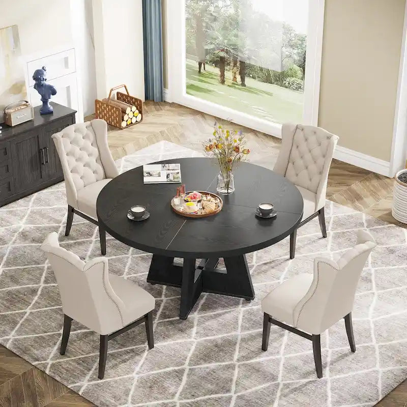 47 Inch Round Dining Table for 4 People, Wood Engineered Pedestal Kitchen Dining Room Table