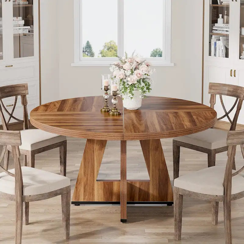 47 Inch Round Dining Table for 4 People, Wood Engineered Pedestal Kitchen Dining Room Table