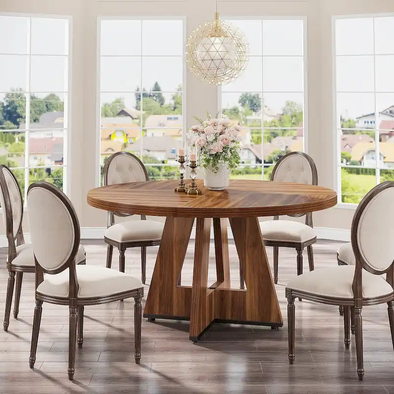 47 Inch Round Dining Table for 4 People, Wood Engineered Pedestal Kitchen Dining Room Table
