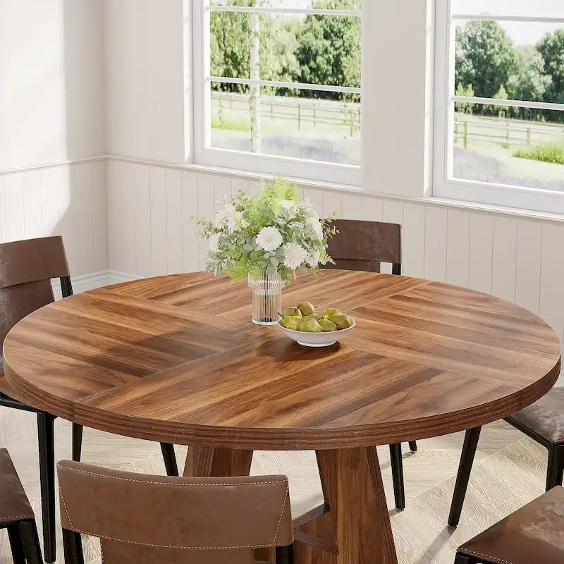 47 Inch Round Dining Table for 4 People, Wood Engineered Pedestal Kitchen Dining Room Table