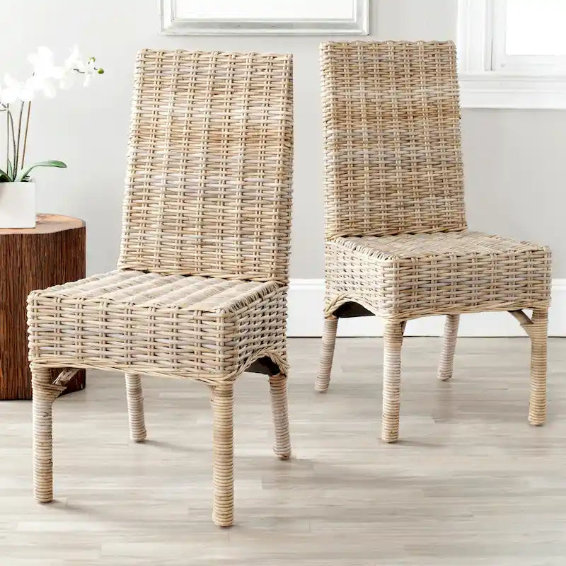 Juego de 2 sillas de comedor de mimbre y ratán natural sin acabado, estilo granja