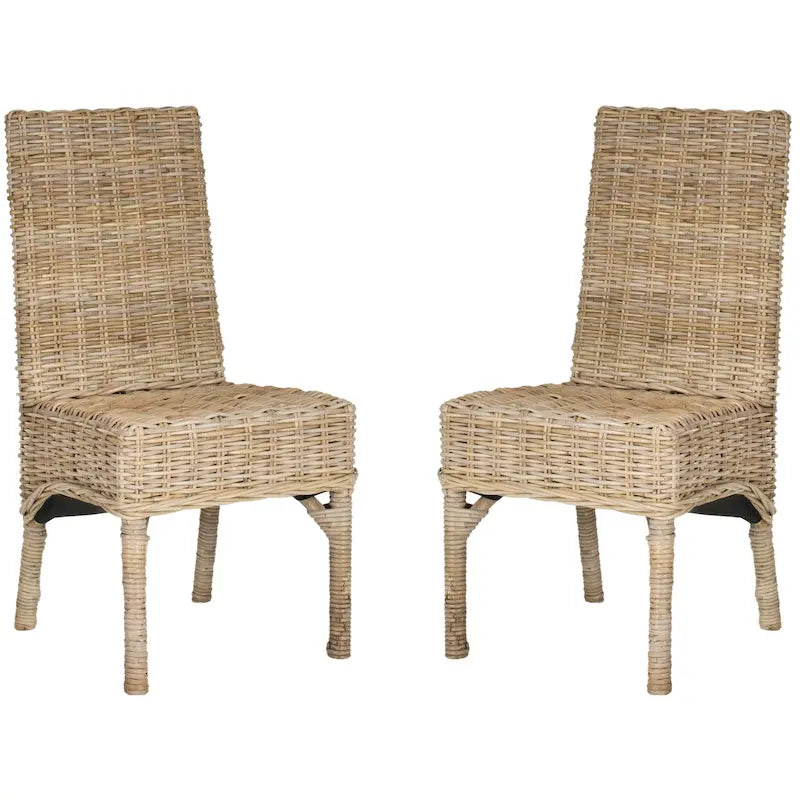 Juego de 2 sillas de comedor de mimbre y ratán natural sin acabado, estilo granja