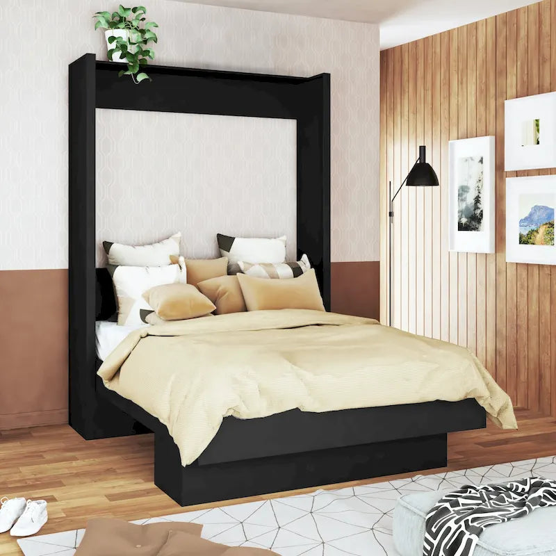 Cama abatible de pared tamaño queen con estante expositor, diseño plegable que ahorra espacio