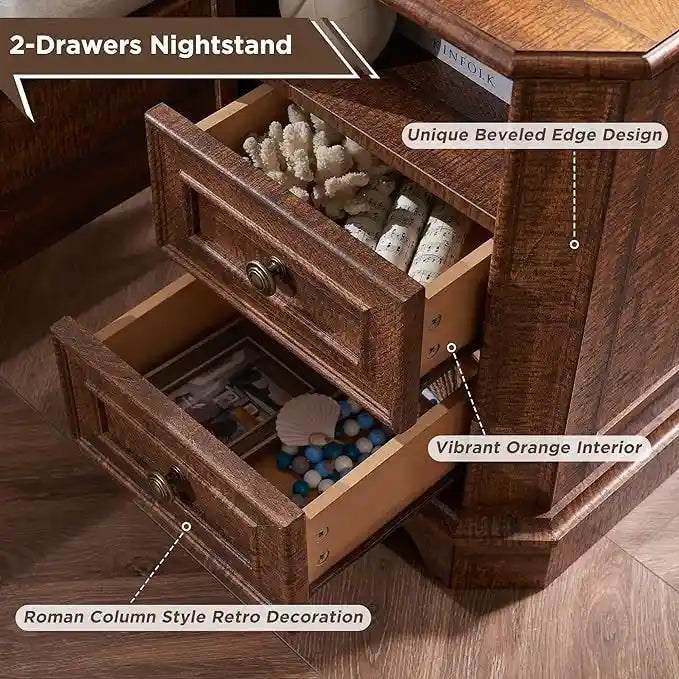 Mesita de noche estilo granja con estación de carga, mesa auxiliar