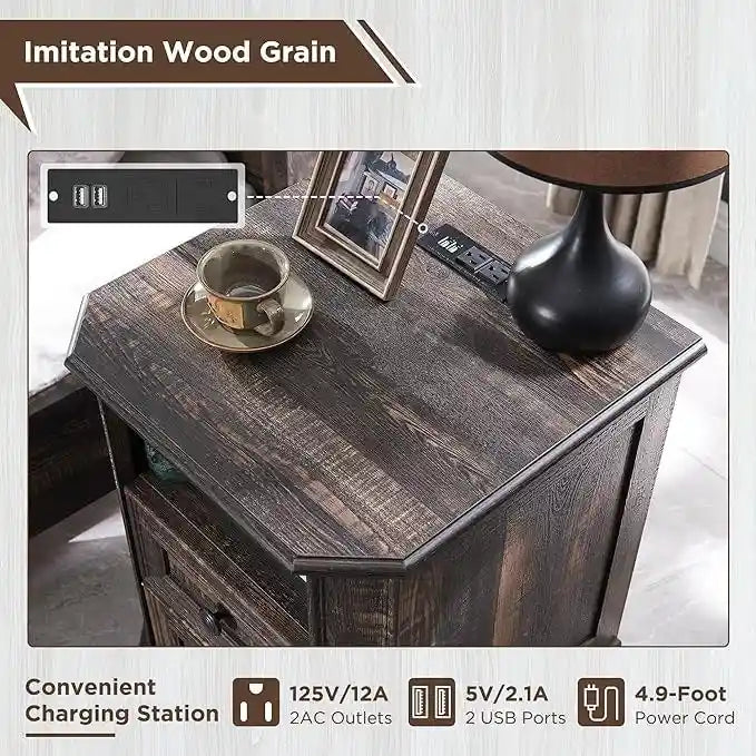 Mesita de noche estilo granja con estación de carga, mesa auxiliar