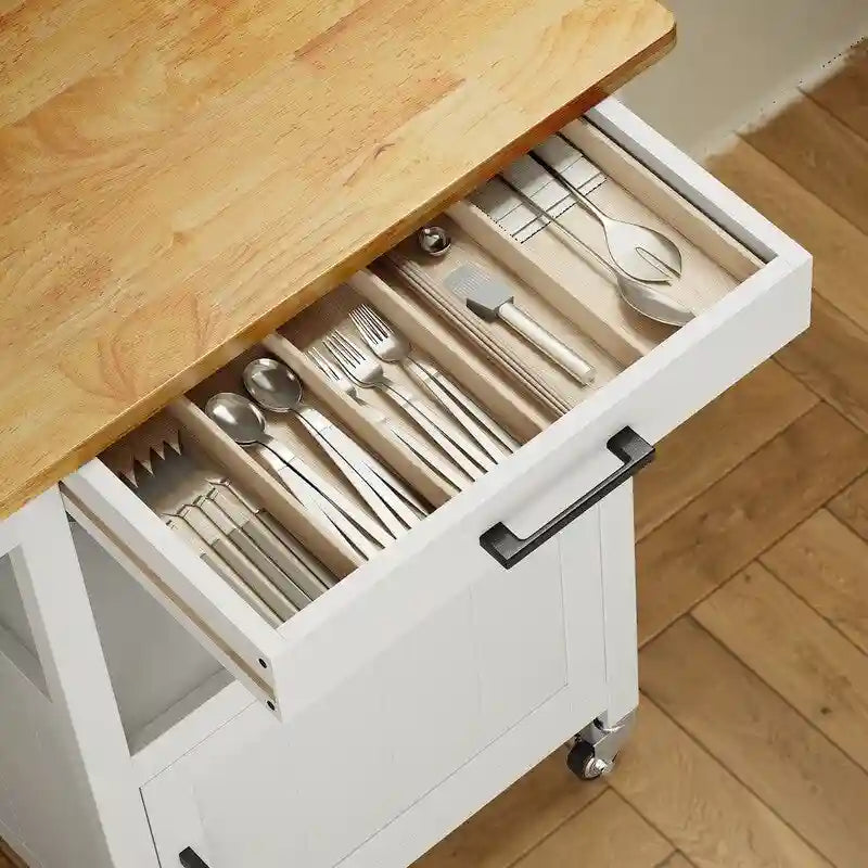 Rollwagen als Kücheninsel aus Holz mit Schubladen