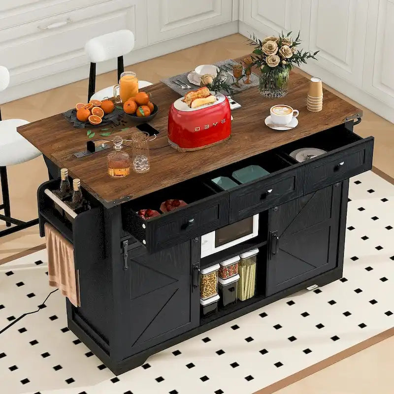 Isla de cocina estilo rústico de 53.5 con toma de corriente, extensión abatible, especiero, cajón y ruedas
