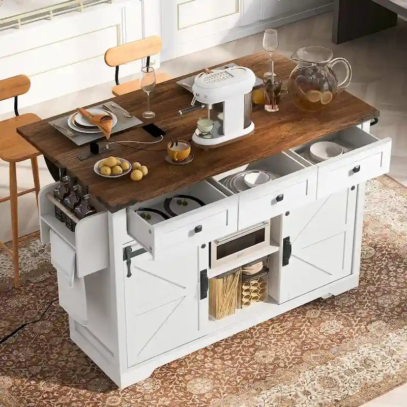 Isla de cocina estilo rústico de 53.5 con toma de corriente, extensión abatible, especiero, cajón y ruedas
