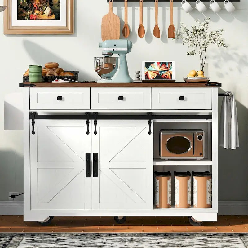 Isla de cocina estilo rústico de 53.5 con toma de corriente, extensión abatible, especiero, cajón y ruedas