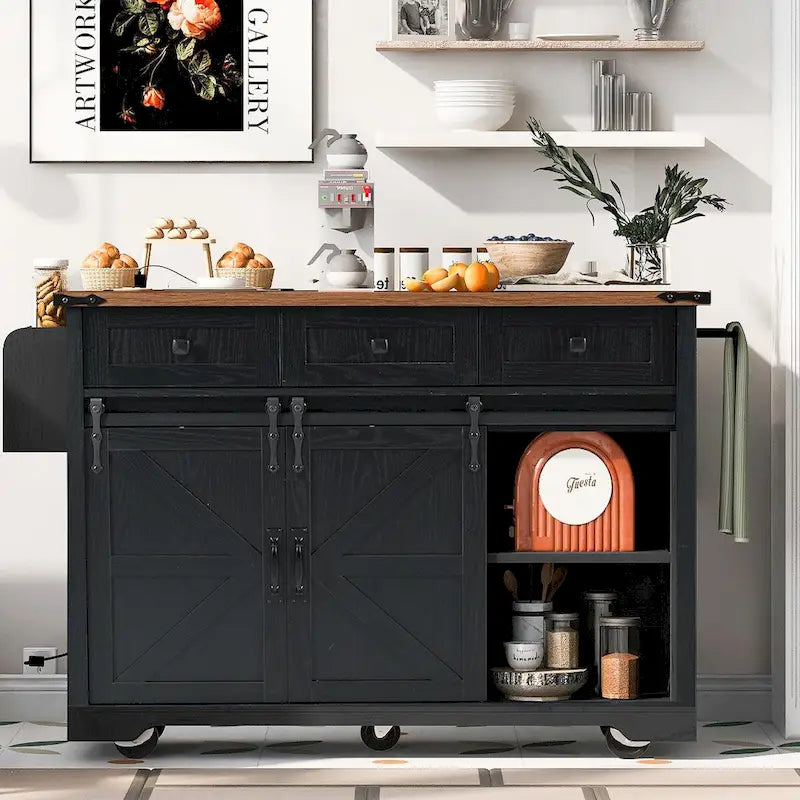 Isla de cocina estilo rústico de 53.5 con toma de corriente, extensión abatible, especiero, cajón y ruedas