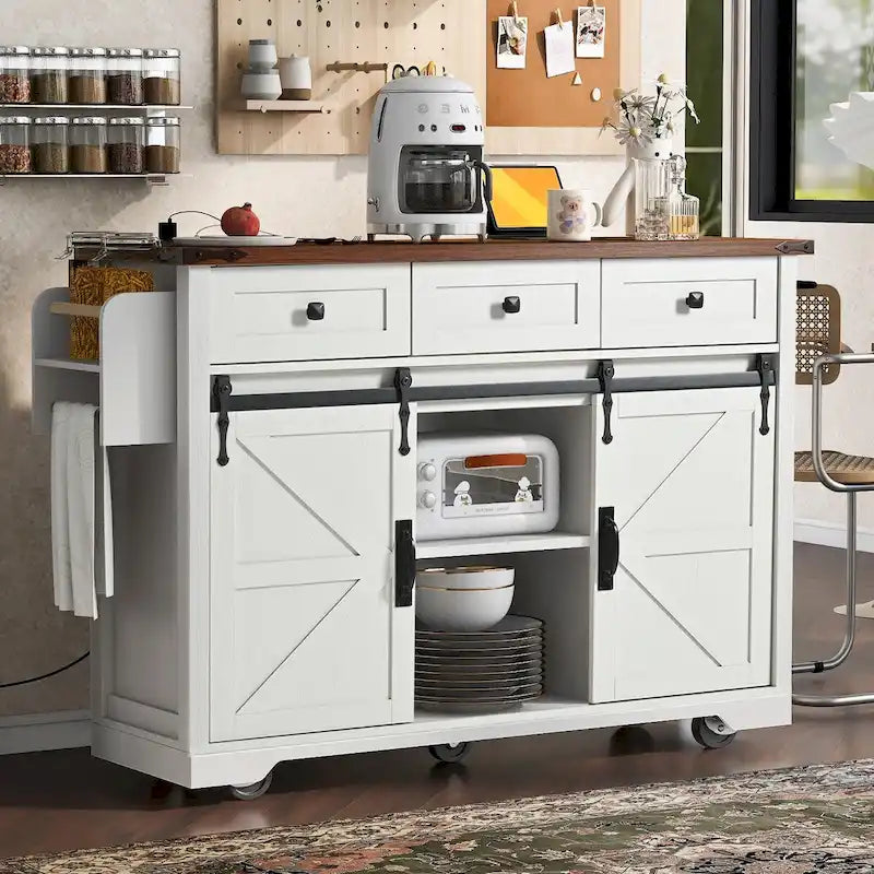 Isla de cocina estilo rústico de 53.5 con toma de corriente, extensión abatible, especiero, cajón y ruedas