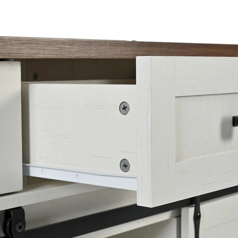 53.5 Farmhouse Kitchen Island with Power Outlet, Drop Leaf, Spice Rack, Drawer, and Wheels