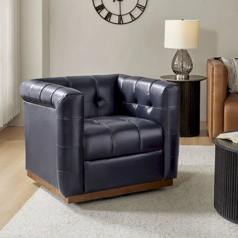 Moderner Clubsessel aus echtem Leder im Mid-Century-Stil mit Knopfheftung, drehbar, mit Holzblende