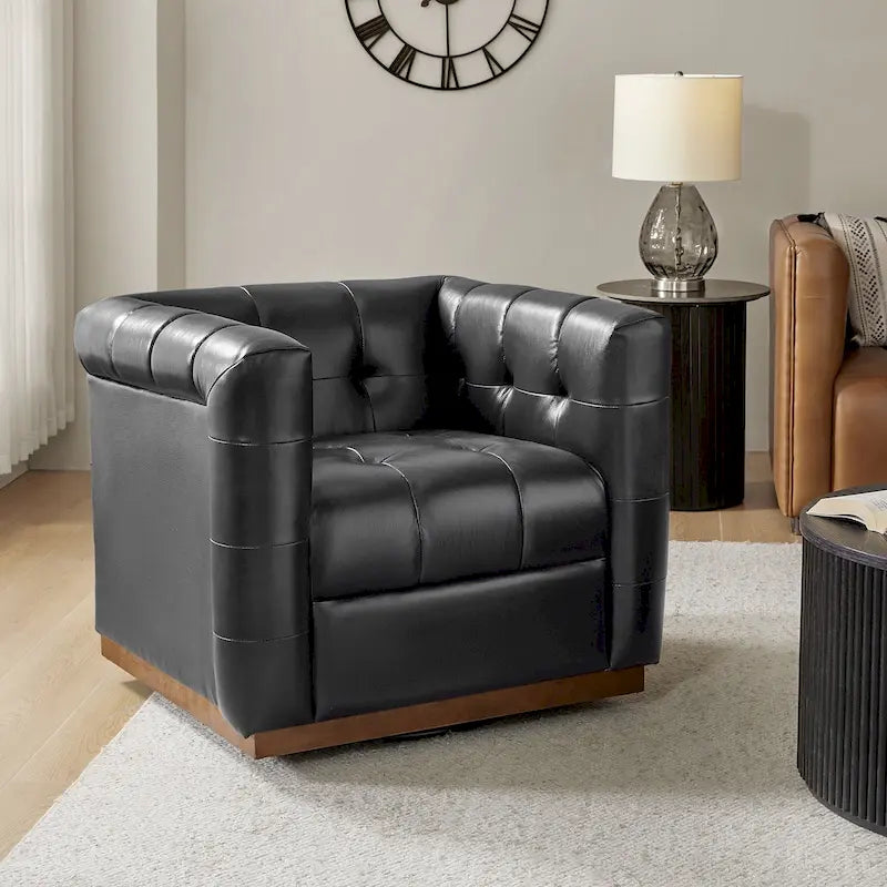 Moderner Clubsessel aus echtem Leder im Mid-Century-Stil mit Knopfheftung, drehbar, mit Holzblende