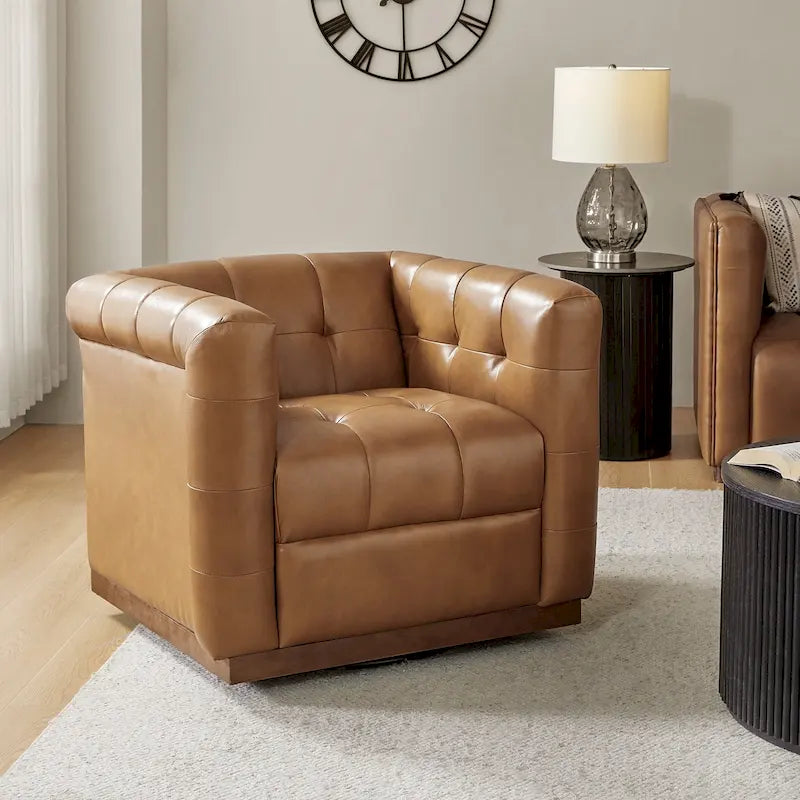 Moderner Clubsessel aus echtem Leder im Mid-Century-Stil mit Knopfheftung, drehbar, mit Holzblende