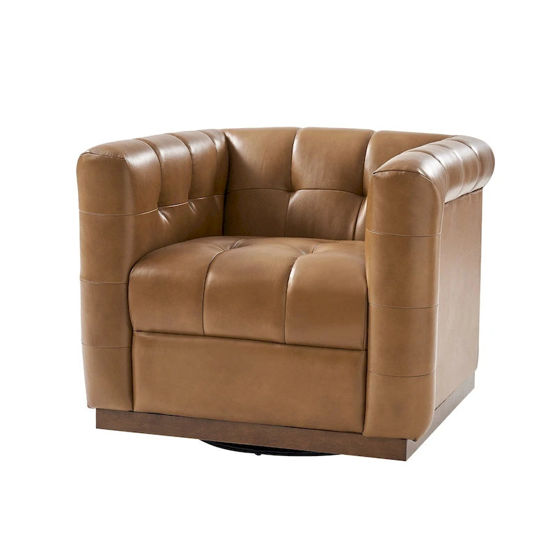 Moderner Clubsessel aus echtem Leder im Mid-Century-Stil mit Knopfheftung, drehbar, mit Holzblende
