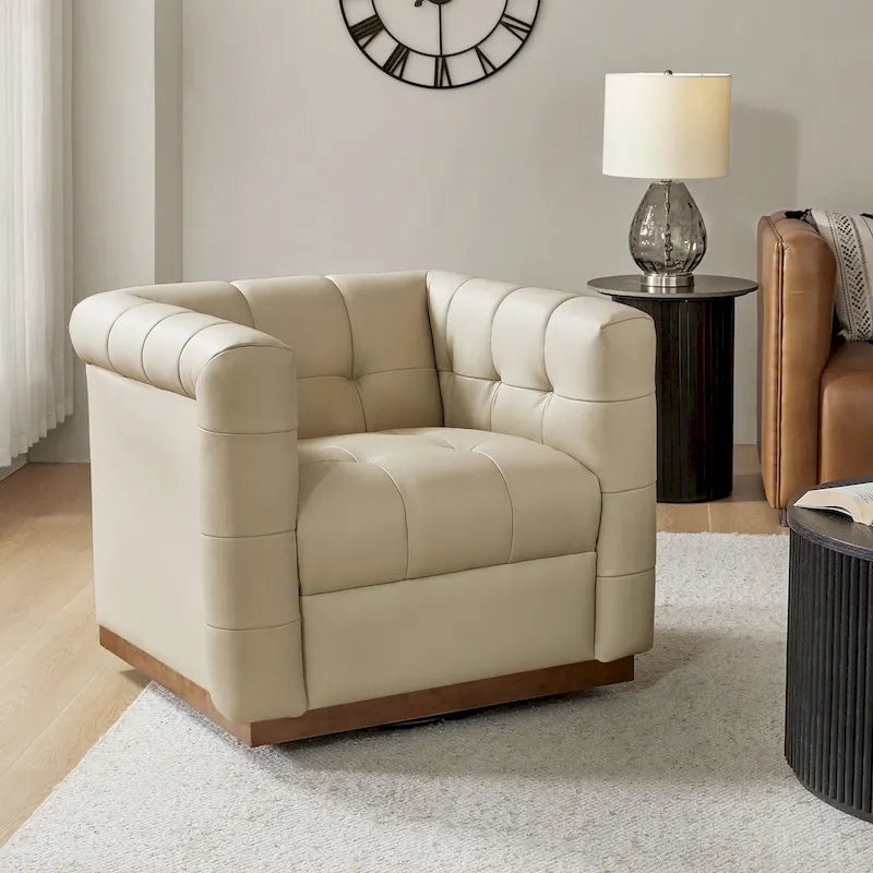 Moderner Clubsessel aus echtem Leder im Mid-Century-Stil mit Knopfheftung, drehbar, mit Holzblende