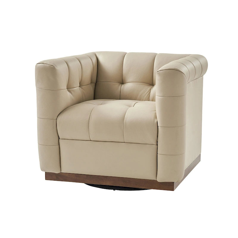 Moderner Clubsessel aus echtem Leder im Mid-Century-Stil mit Knopfheftung, drehbar, mit Holzblende