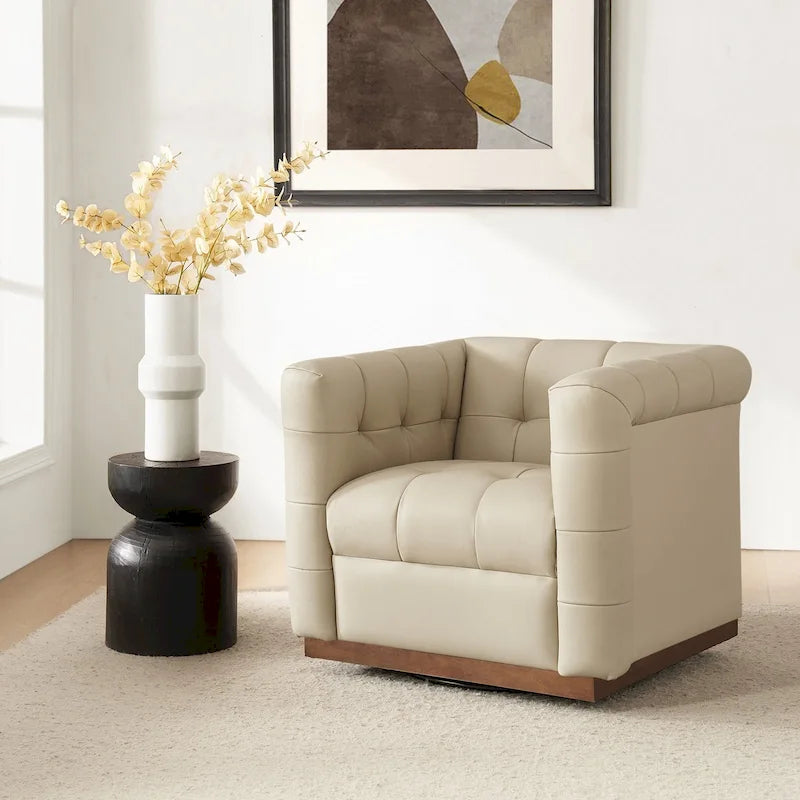 Moderner Clubsessel aus echtem Leder im Mid-Century-Stil mit Knopfheftung, drehbar, mit Holzblende