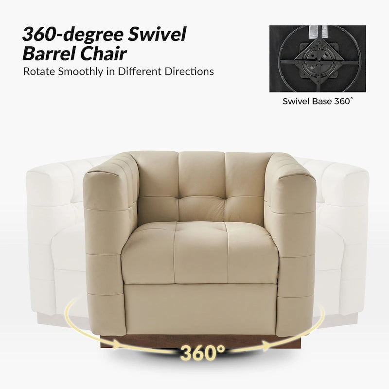 Fauteuil club pivotant moderne en cuir véritable capitonné, style mi-siècle, avec ceinture en bois