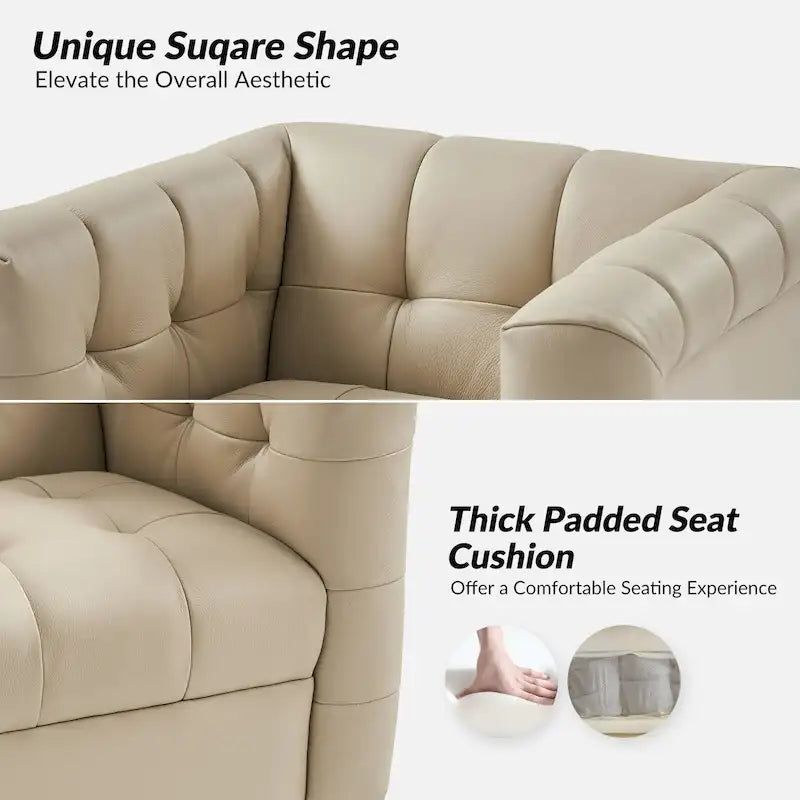 Fauteuil club pivotant moderne en cuir véritable capitonné, style mi-siècle, avec ceinture en bois