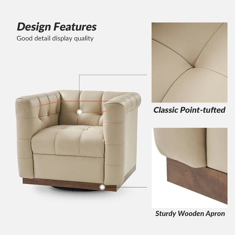 Fauteuil club pivotant moderne en cuir véritable capitonné, style mi-siècle, avec ceinture en bois