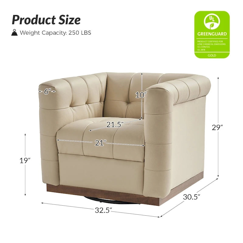 Fauteuil club pivotant moderne en cuir véritable capitonné, style mi-siècle, avec ceinture en bois