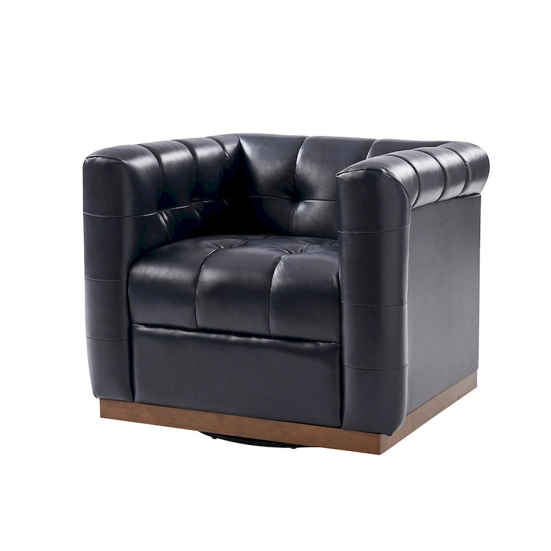 Fauteuil club pivotant moderne en cuir véritable capitonné, style mi-siècle, avec ceinture en bois