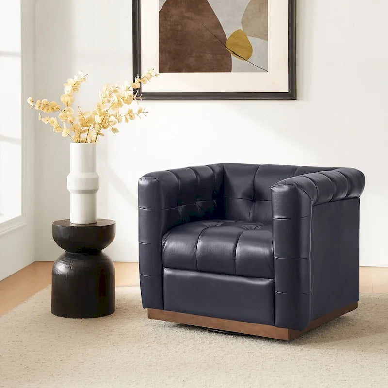 Fauteuil club pivotant moderne en cuir véritable capitonné, style mi-siècle, avec ceinture en bois