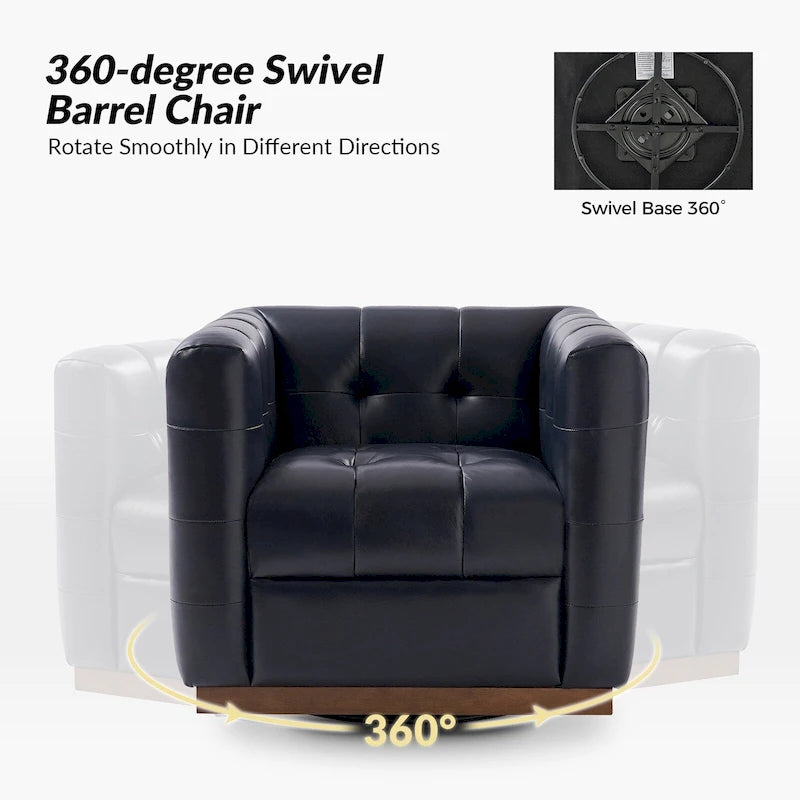 Fauteuil club pivotant moderne en cuir véritable capitonné, style mi-siècle, avec ceinture en bois