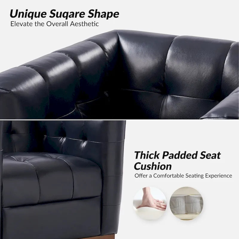 Fauteuil club pivotant moderne en cuir véritable capitonné, style mi-siècle, avec ceinture en bois