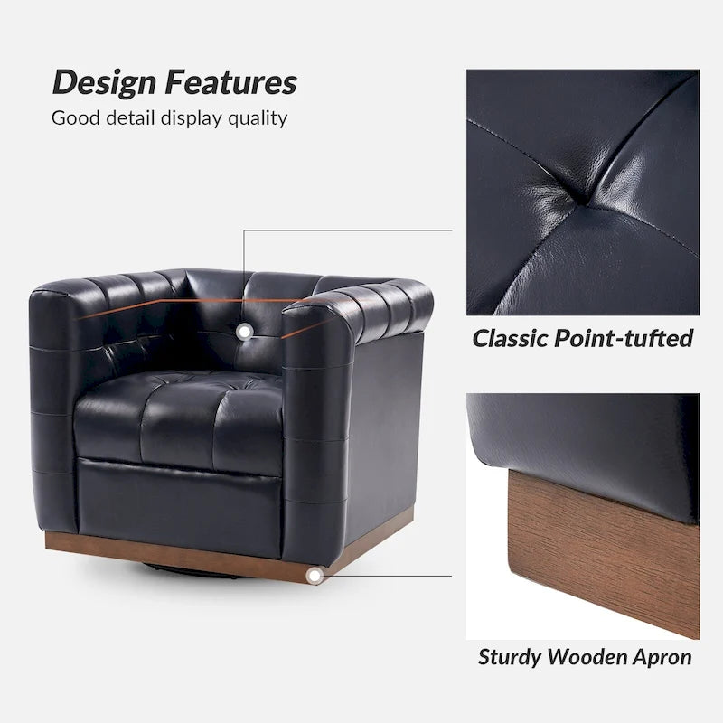 Fauteuil club pivotant moderne en cuir véritable capitonné, style mi-siècle, avec ceinture en bois
