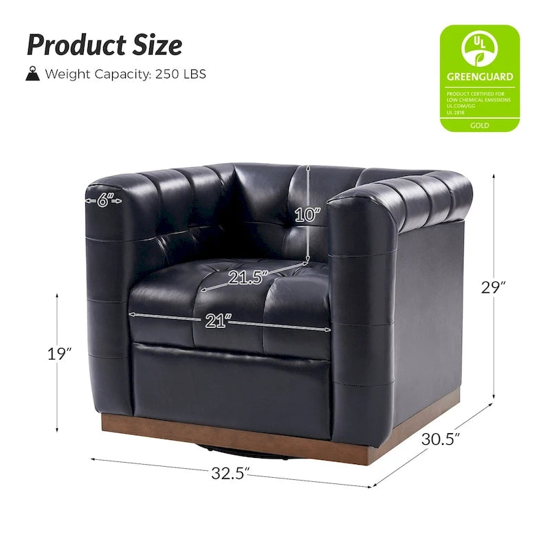 Fauteuil club pivotant moderne en cuir véritable capitonné, style mi-siècle, avec ceinture en bois