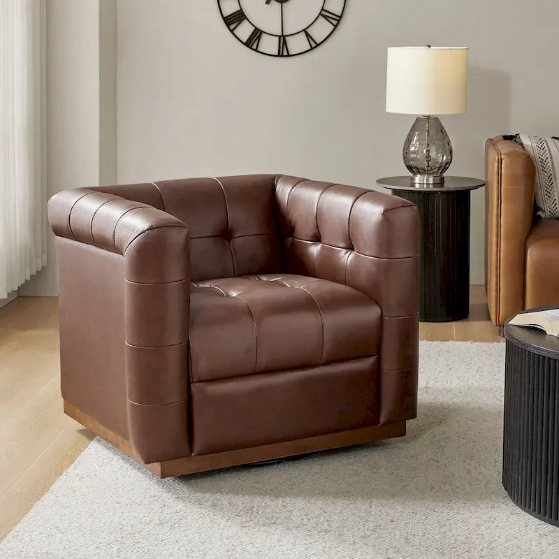 Fauteuil club pivotant moderne en cuir véritable capitonné, style mi-siècle, avec ceinture en bois