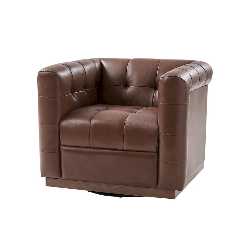Fauteuil club pivotant moderne en cuir véritable capitonné, style mi-siècle, avec ceinture en bois