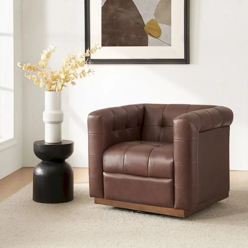 Fauteuil club pivotant moderne en cuir véritable capitonné, style mi-siècle, avec ceinture en bois