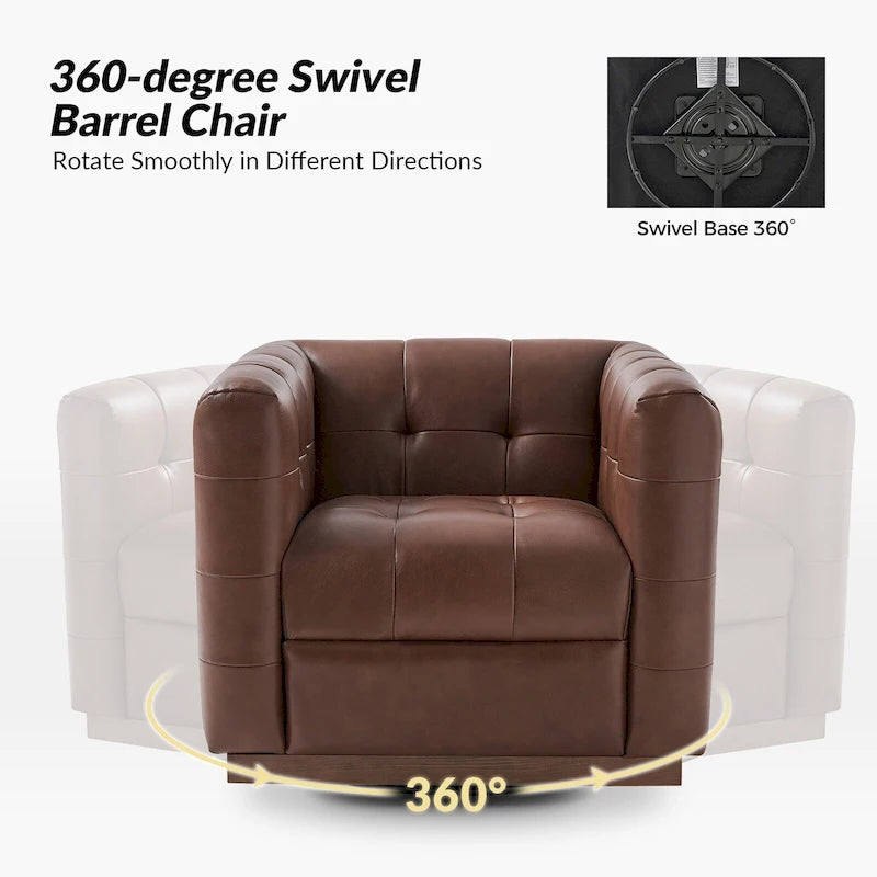 Fauteuil club pivotant moderne en cuir véritable capitonné, style mi-siècle, avec ceinture en bois