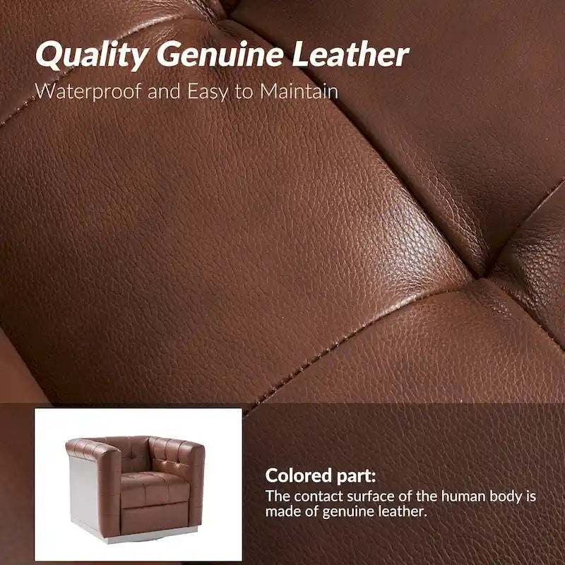 Fauteuil club pivotant moderne en cuir véritable capitonné, style mi-siècle, avec ceinture en bois