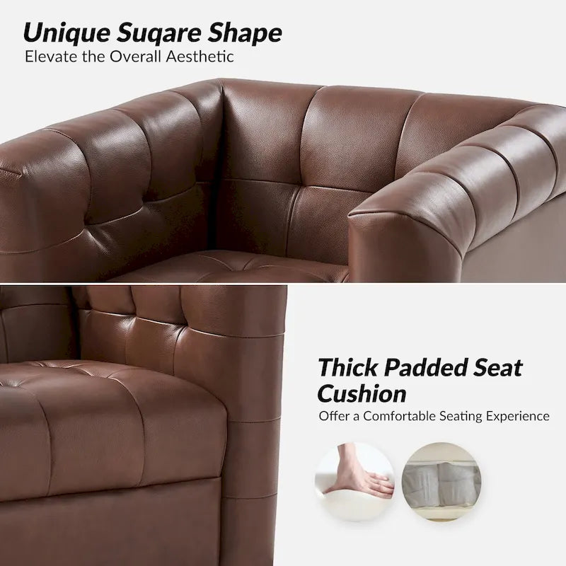 Fauteuil club pivotant moderne en cuir véritable capitonné, style mi-siècle, avec ceinture en bois