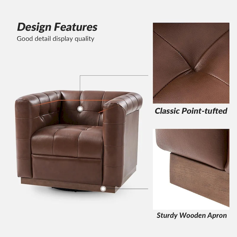 Fauteuil club pivotant moderne en cuir véritable capitonné, style mi-siècle, avec ceinture en bois