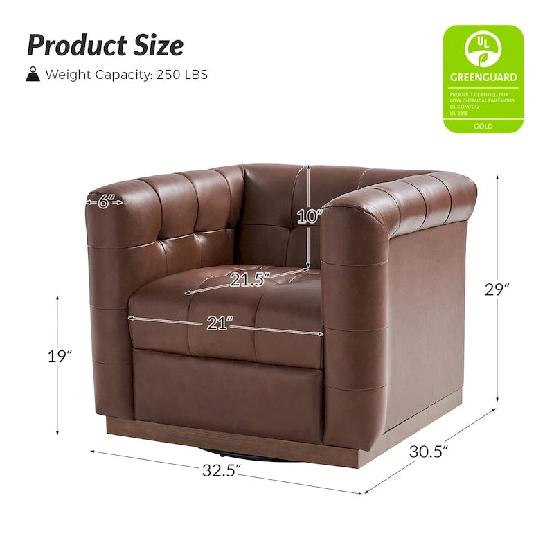 Fauteuil club pivotant moderne en cuir véritable capitonné, style mi-siècle, avec ceinture en bois