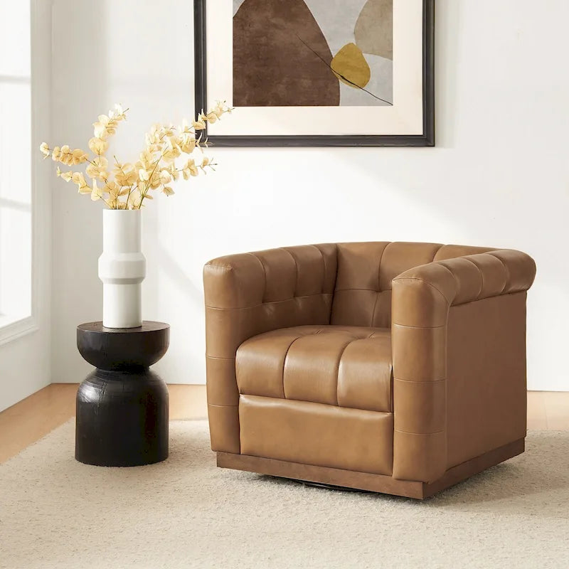 Fauteuil club pivotant moderne en cuir véritable capitonné, style mi-siècle, avec ceinture en bois