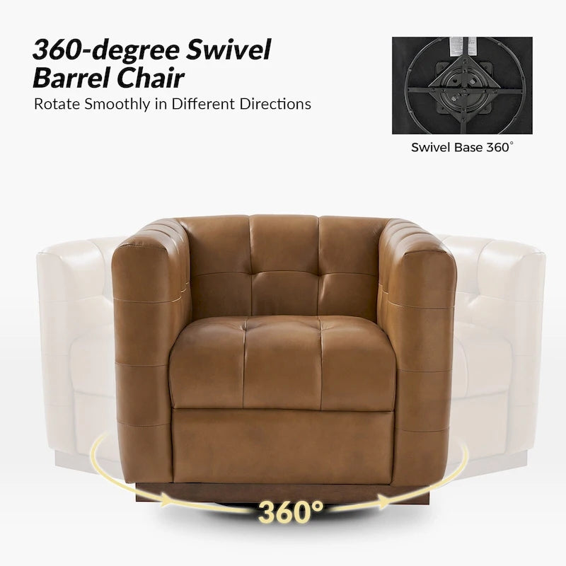 Fauteuil club pivotant moderne en cuir véritable capitonné, style mi-siècle, avec ceinture en bois