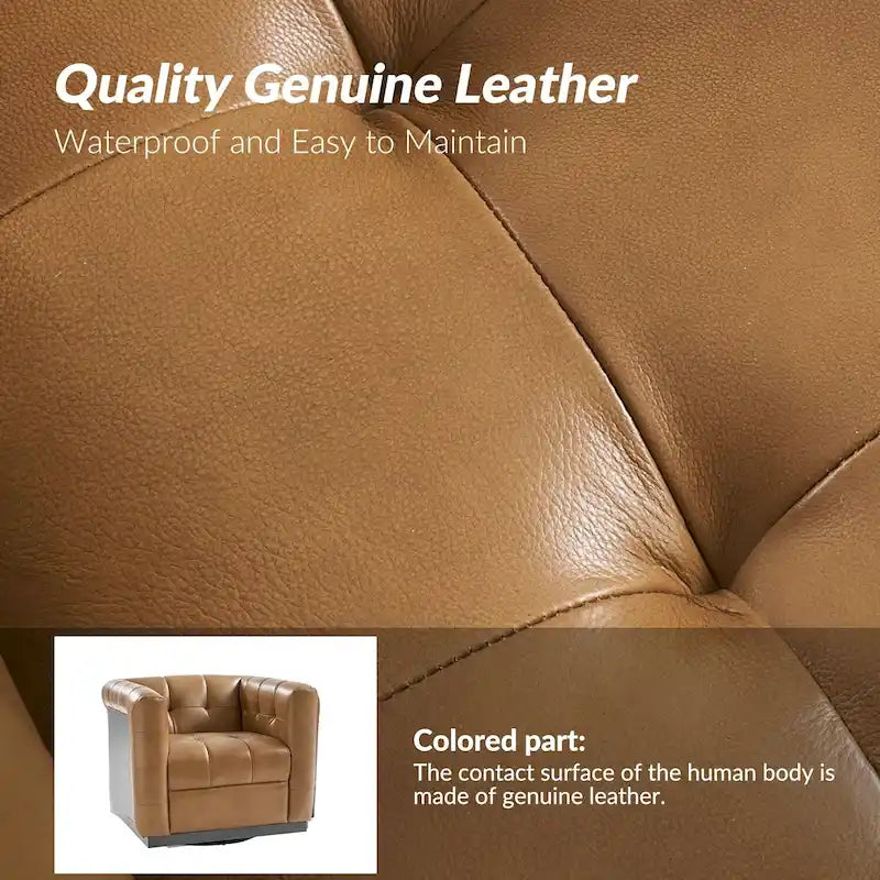 Fauteuil club pivotant moderne en cuir véritable capitonné, style mi-siècle, avec ceinture en bois