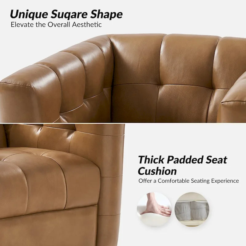 Fauteuil club pivotant moderne en cuir véritable capitonné, style mi-siècle, avec ceinture en bois