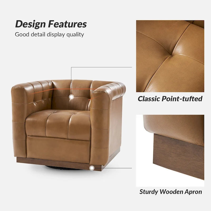 Fauteuil club pivotant moderne en cuir véritable capitonné, style mi-siècle, avec ceinture en bois
