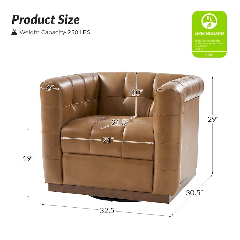 Fauteuil club pivotant moderne en cuir véritable capitonné, style mi-siècle, avec ceinture en bois
