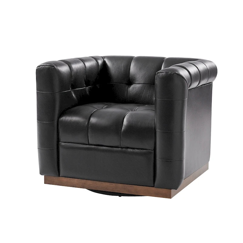 Fauteuil club pivotant moderne en cuir véritable capitonné, style mi-siècle, avec ceinture en bois