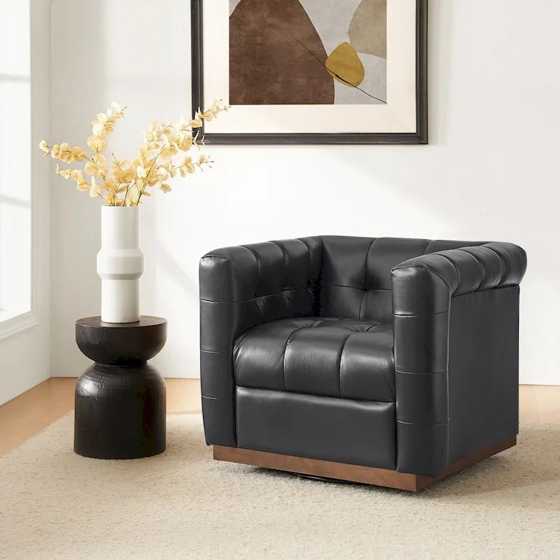 Fauteuil club pivotant moderne en cuir véritable capitonné, style mi-siècle, avec ceinture en bois